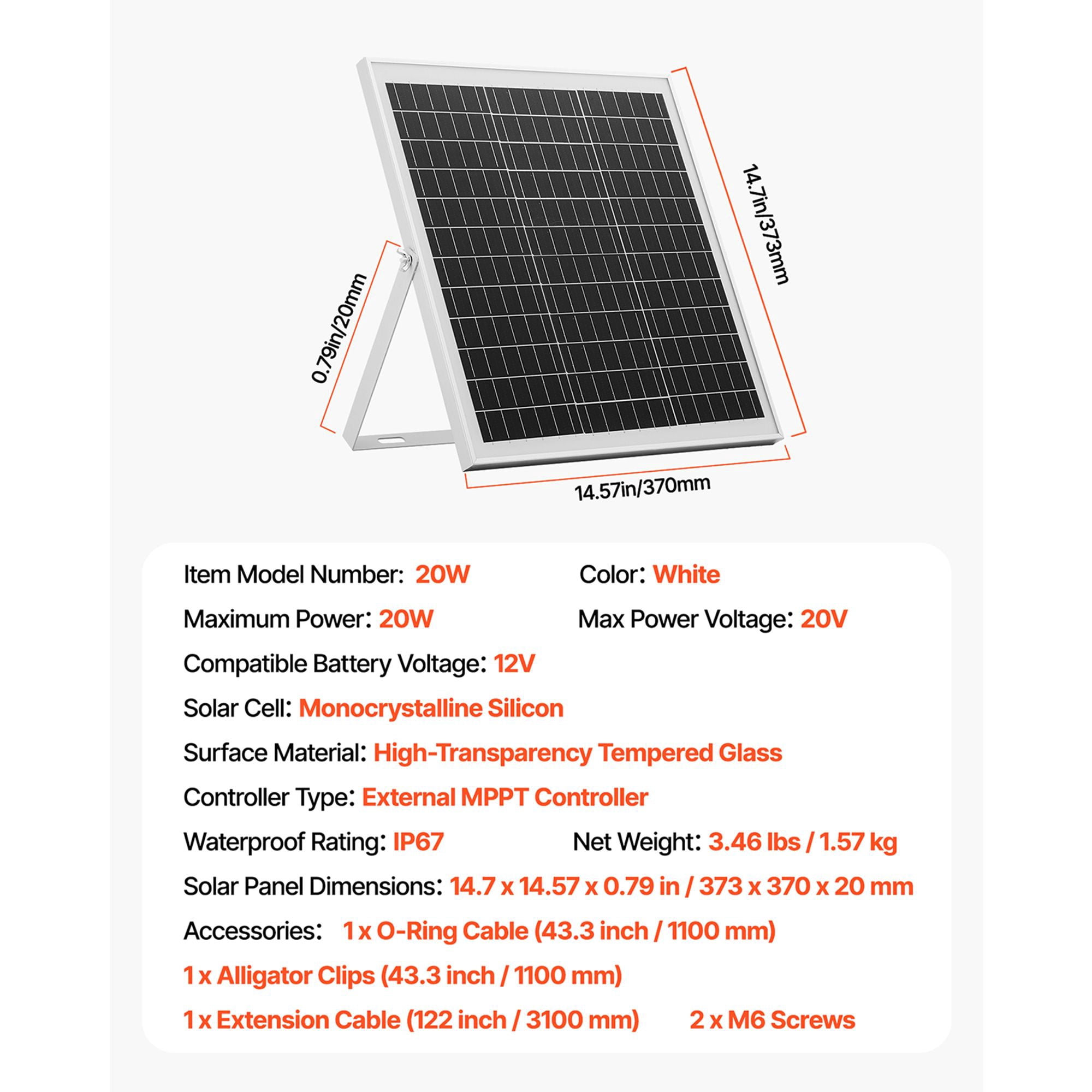 20W 12V Solar Panel Battery Charger with MPPT Controller IP67 Waterproof for Car RV Boat Motorcycle