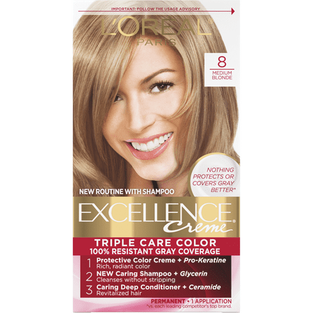 L'Oreal Paris Excellence Creme Permanent Triple Protection Hair Color, 8 Medium Blonde, 1 Kit