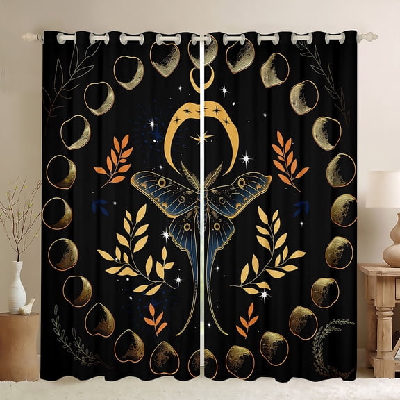 Feelyou Magic Boho Butterfly Black Out Curtains for Teens, Rustic Leaves Plant Curtains Pack of 2 (42x63 Each), Tribal Moon Galaxy Bedroom Curtains, Curtains and Drapes Decor