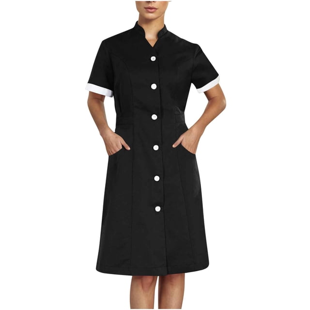 Xfvqtps Robe d'Infirmière pour Femmes avec Poches Bouton Manches Courtes Col Montant Robe de Travail Noire
