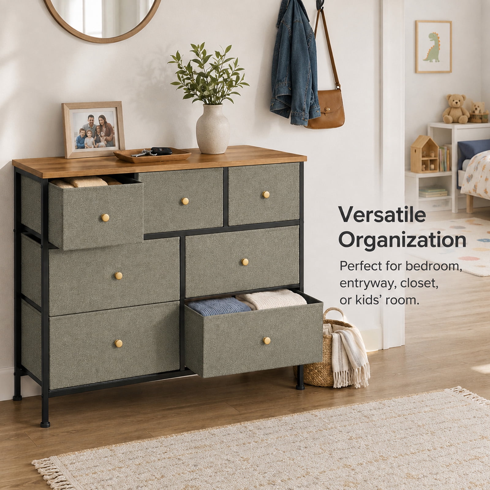 Alvantor 5/7 Drawer Fabric Dresser, Storage Tower for Bedroom and Closet, Chest of Drawers with Sturdy Steel Frame & Wooden Top for Living Room, Entryway