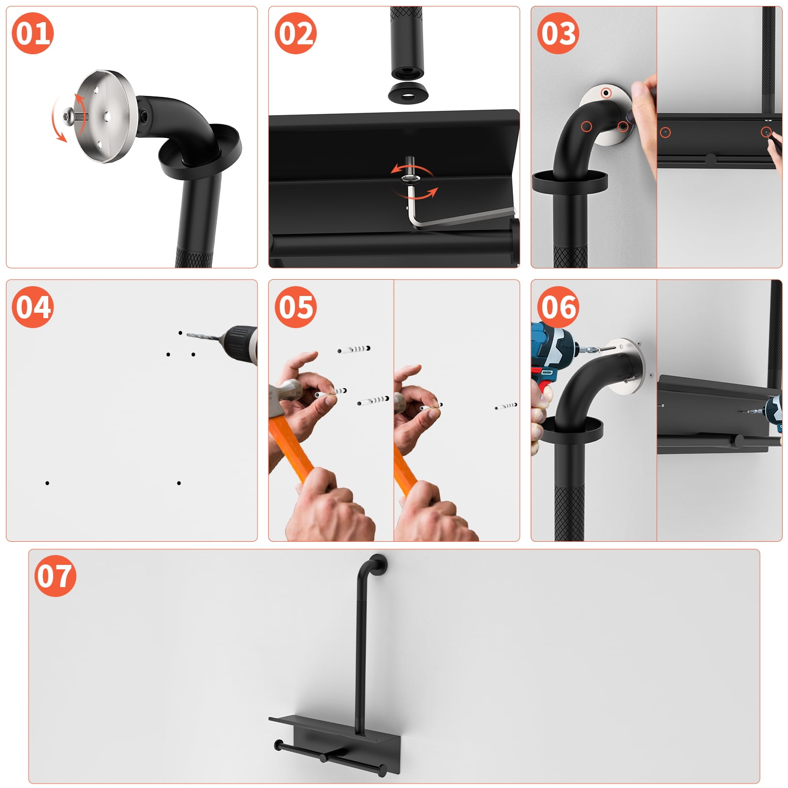Bathroom Grab Bar with Shower Shelves, ZUEXT Black Toilet Paper Holder 3 in 1 Bathroom Organizers and Storage, Anti Slip Stainless Steel Safety Hand Rail for Handicap Elderly Senior Assist