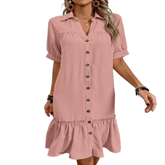 GUACER Mini Dress for Women Short Sleeve Button Down V Neck Collar Dress Casual Summer Ruffle Hem Loose Dresses