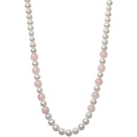 7-9.5mm Cultured Freshwater Pearl and 10mm Rose Quartz Sterling Silver Necklace, 18