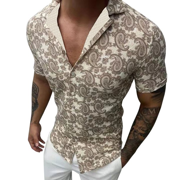 Camisas De Sport Para Hombre Camisa casual de verano ajustada para Camisa de manga corta con flores de anacardo (Beige, 3XL)