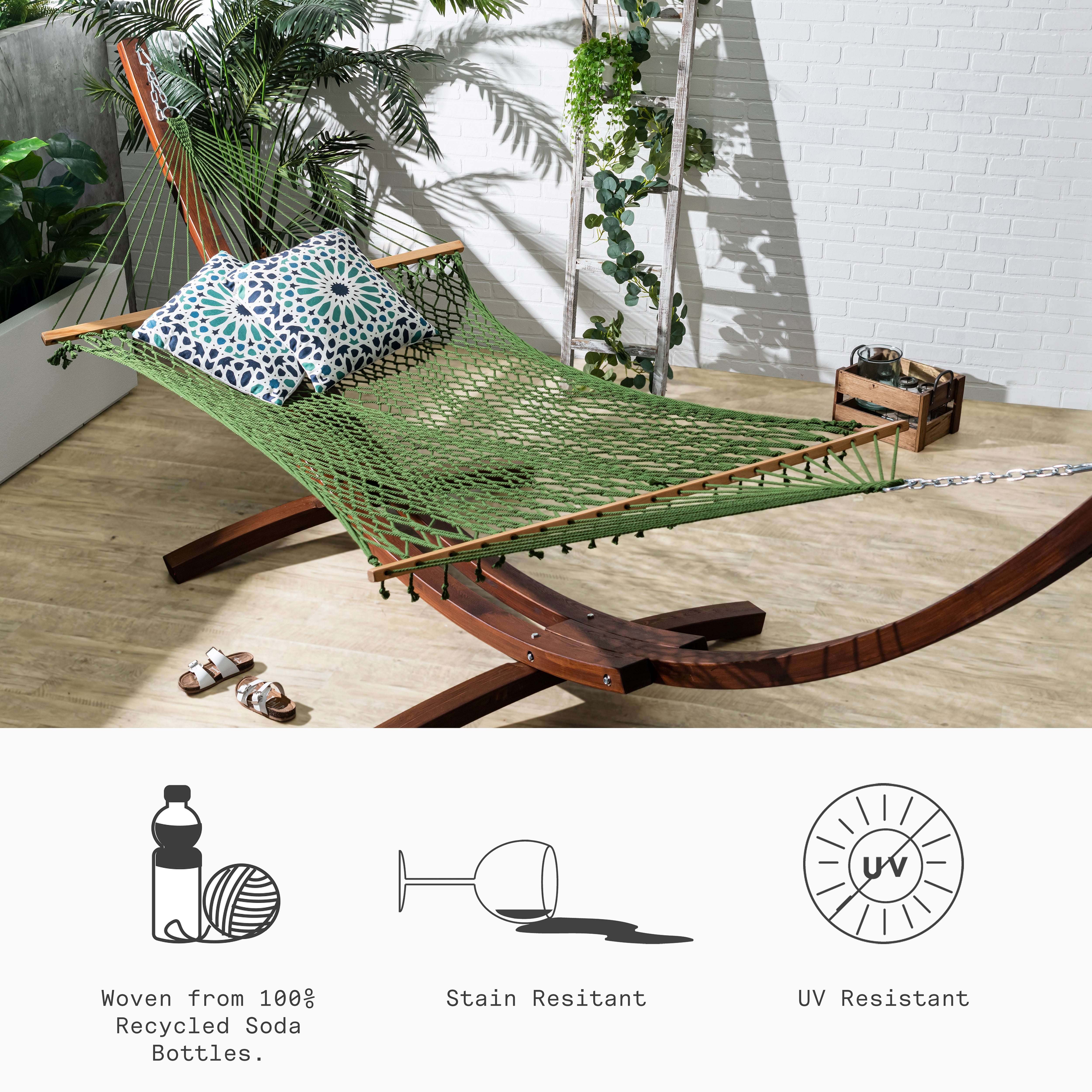 Fab Habitat Rope Recycled Polyester Hammock - Miami - Green - Indoor/Outdoor, Quick Dry, 2 Person 400 lbs Capacity - Patio, Poolside, Backyard, Garden, Beach, Balcony - 12-14 ft Adjustable