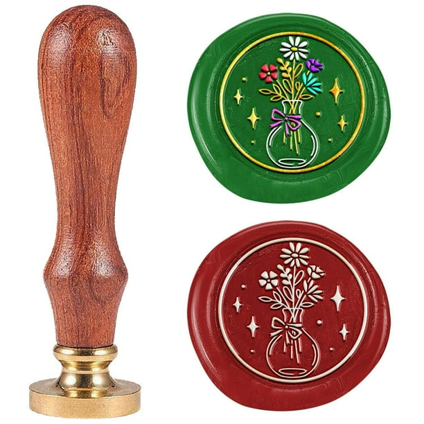 Sello de cera de florero, sello en relieve, sello de cera de latón con flor extraíble de 1" con mango de madera, sello de cera de ensueño
