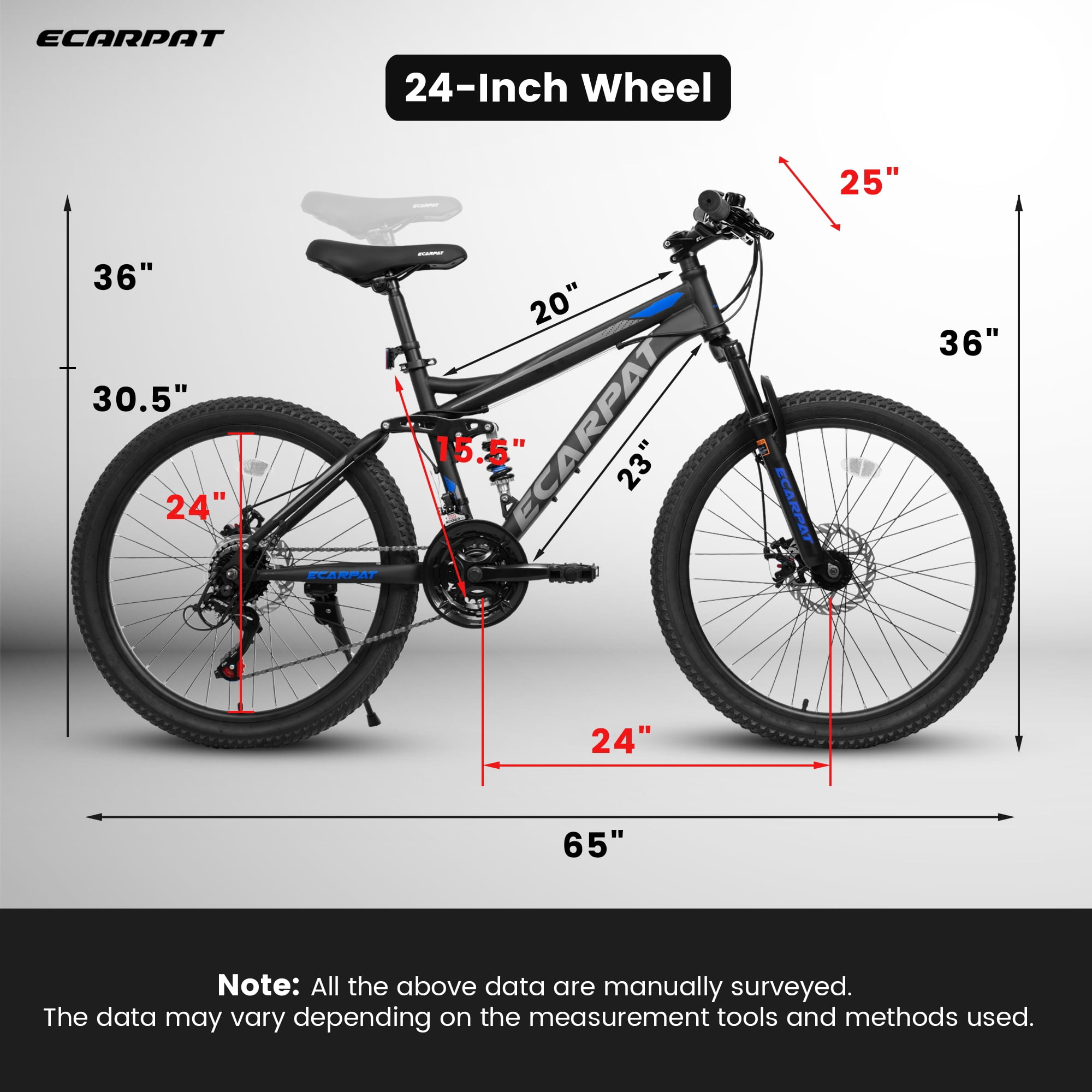 Aezusy Mountain Bike 24 inch Wheels, 21-Speed Full Suspension Mens Womens Trail Commuter City Mountain Bicycles with Carbon Steel Frame, Disc Brakes ,Blue and Black