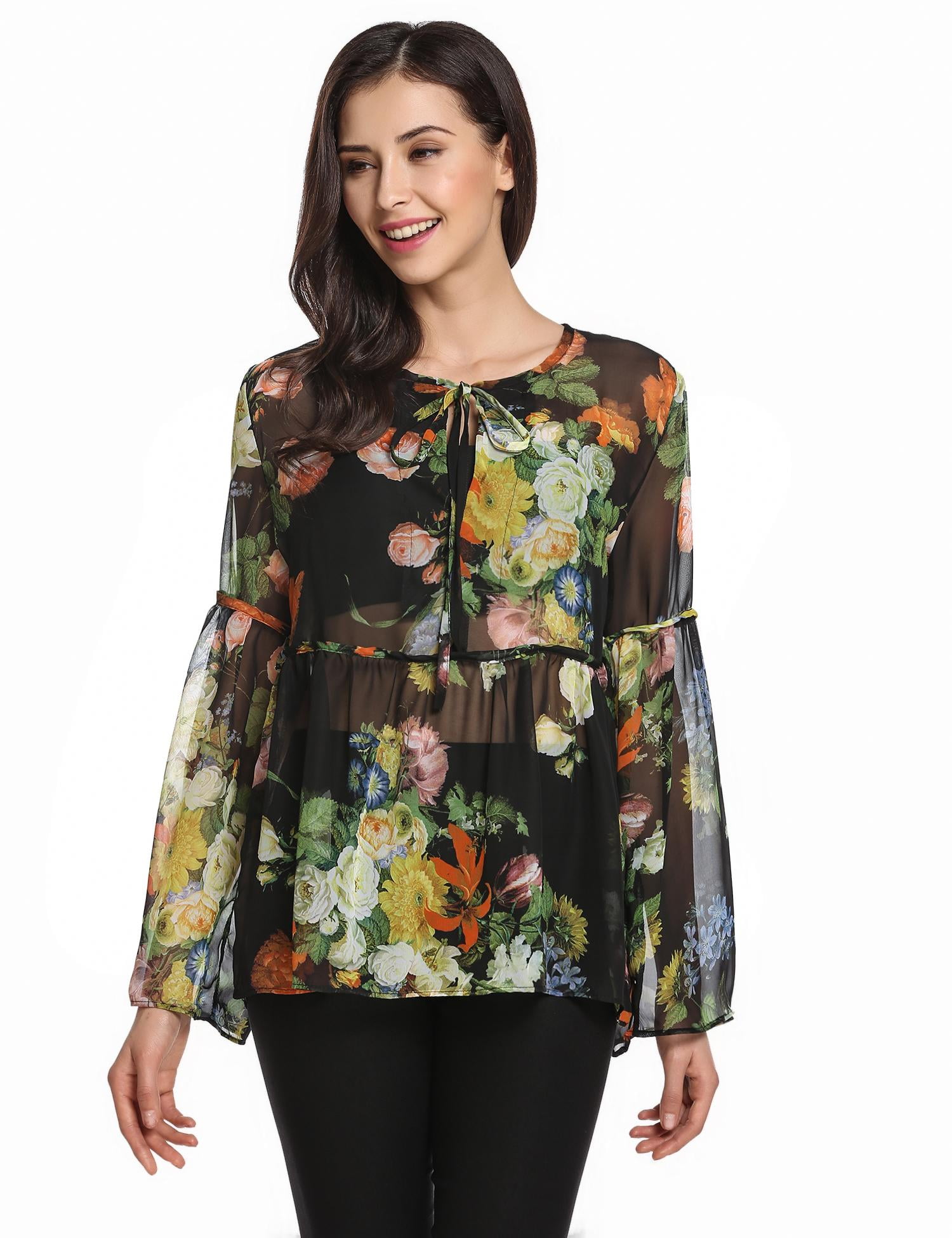 Women Flare Sleeve Floral Print Pullover Casual Sheer Chiffon Blouse ...