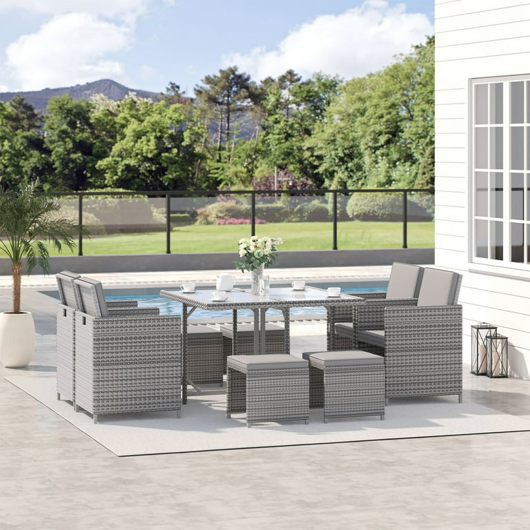 Free Shipping Outsunny 9pc Patio Wicker Dining Furniture Set Outdoor Sectional w Table Ottoman Chair Cushions Dark Grey Walmart Walmart