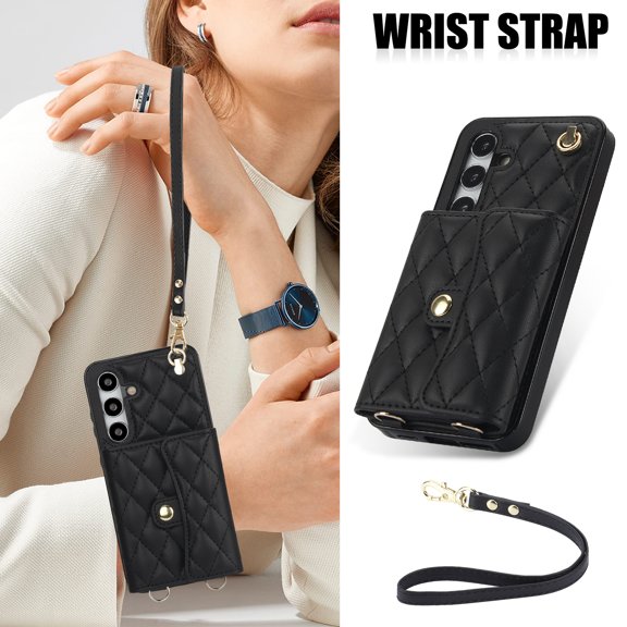 Allytechgroup for Samsung Galaxy S23 Plus Wallet Case with 5 Cards Holders, Detachable Hand Strap & Shoulder Lanyard RFID Blocking Shockproof Protective Phone Case for Girls Women, Black