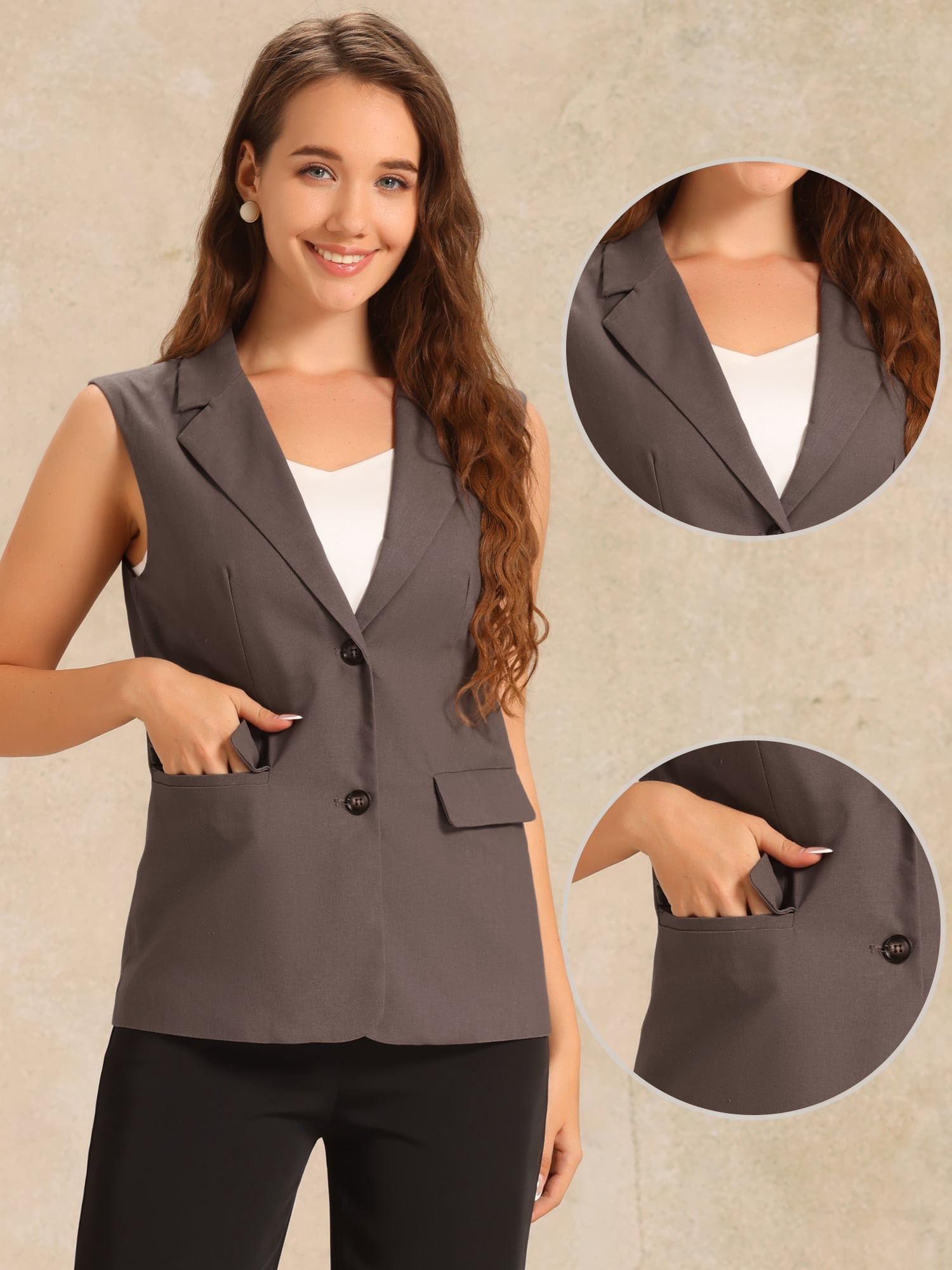 DARING DIVA Sleeveless Blazer for Women's Work Office Suit Vest Jacket XS Grey Brown