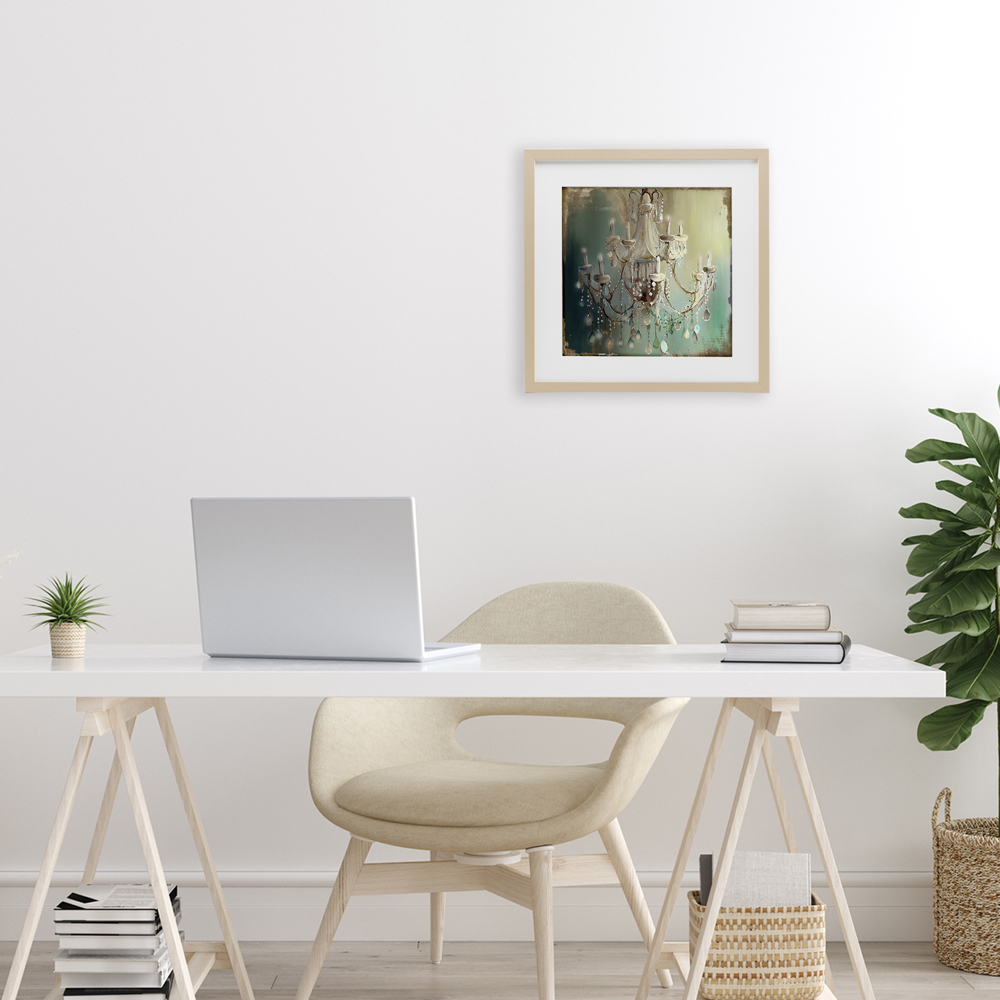 Vintage Illumine Chandelier Birch Framed Print Under Glass, design by Sasha