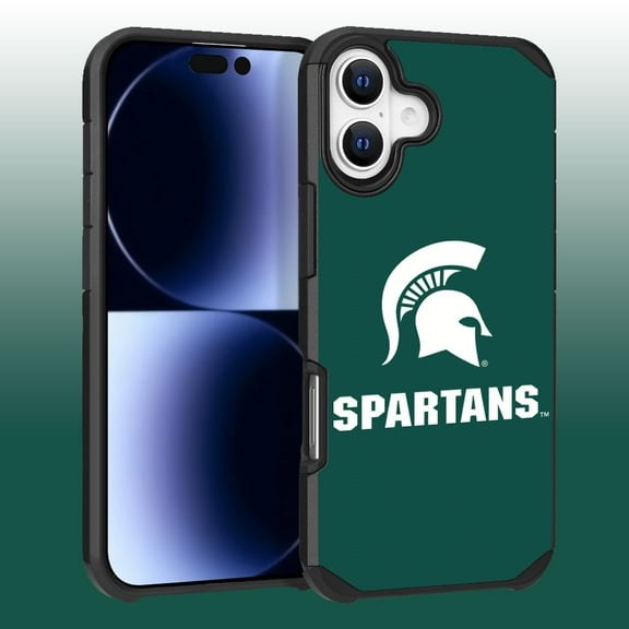 Apple iPhone 16 (6.1) - Licensed NCAA of Michigan State University Spartans Logo on Green Textured Dual Layer Case