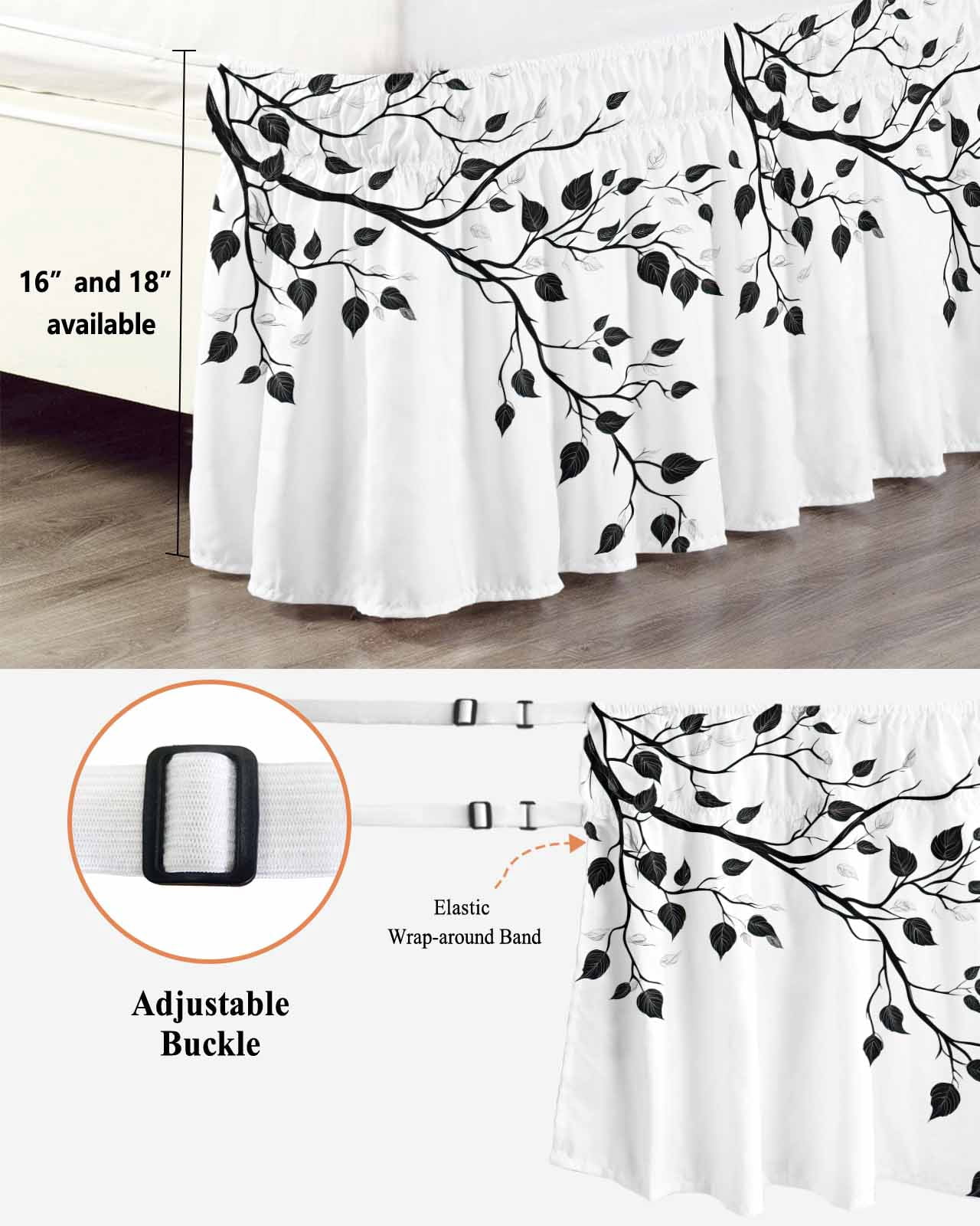 Black Botanical Wrap Around Bed Skirts for Queen Bed 18" Drop, Bed Skirt with Adjustable Elastic Belt Dust Ruffle Bed Valance for Bedroom Hotel Luxury Watercolor Summer Botanical Bed Frame Cover