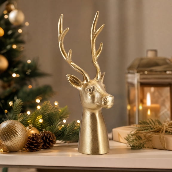 Christmas Decoration Deer Bust Figurine, Resin Gold Reindeer Head Statue, for Christmas Tabletop Mantel Entryway Decor