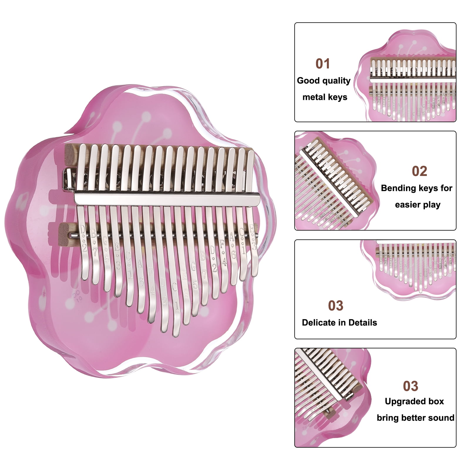 17 Keys Thumb Piano,Transparent Stamen Portable Finger Piano with Carry Box Musical Note Stickers Tuning Hammer