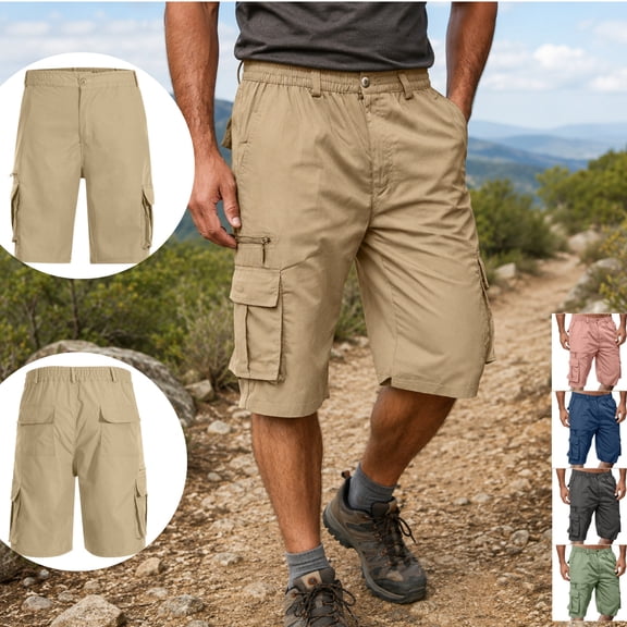 LEKWK Plus Size Cargo Shorts for Men Multi Pockets Lightweight Elastic Waist Button Utility Shorts Zipper Pocket Outdoor Straight Leg Bermuda Shorts Hiking Travel Bottoms Khaki XXXL