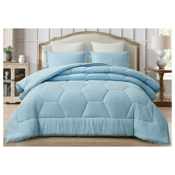Chambray Blue Comforter Set King Size 3-Piece Fluffy Soft Lightweight Bedding Honeycomb Geometric Stone-Washed Microfiber Comforter Set for All Season