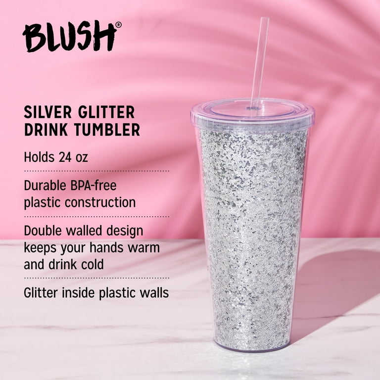 Blush Glam Glitter Tumbler with Lid and Straw for Iced Coffee, Tea, 24oz
