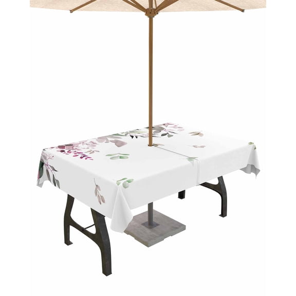 Fsddascl Vintage Red Green Outdoor Tablecloth - 60x120 Inch Dining Table Cover, Spring Botanical Summer Eucalyptus Leaves Waterproof Outdoor Table Cloth with Umbrella Hole & Zipper for Patio