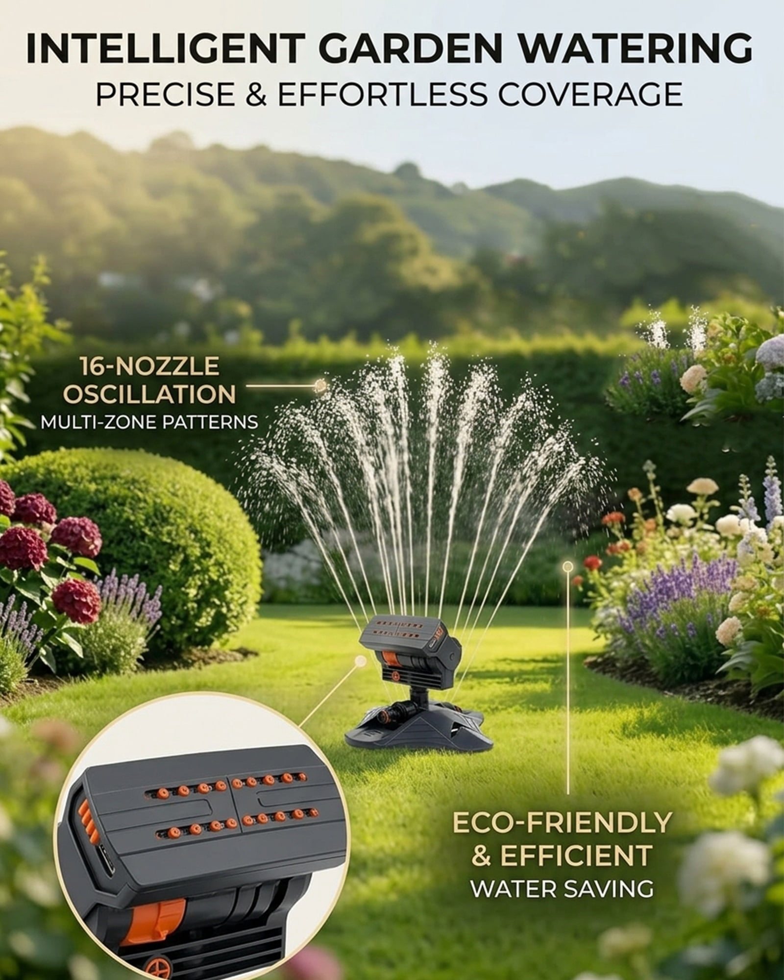 16-Nozzle Oscillating Sprinkler, Adjustable Water Sprinkler for Lawn Yard Garden Watering , Motion Activated Sprinklers with 4 Spray Modes & Dual Filtration, 16 Mini Turbine, Wide Area Coverage - #B