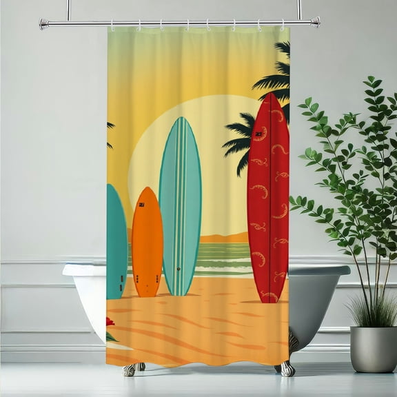 RKSupls Waterproof Shower Curtain, Retro Hawaiian Surfboard Tropical Beach Sunset Polyester Shower Curtain with Hooks for Chic Elegant Home Bathtub Bathroom Decor Washable Curtains