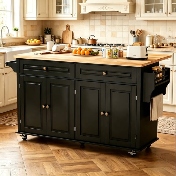 67" Mobile Kitchen Island, Fold-Down Countertop with Storage, 2 Drawers and Towel Rack, Multi-Functional Rolling Workstation for Kitchen Dining Room, Black