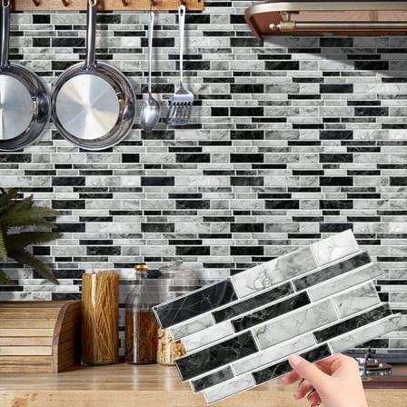 12 Sheets Tile Stickers Black Gray Marble Bricks DIY Decor Wall Decals Vinyl Peel and Stick for Kitchen Bathroom 9.68x4.72inch