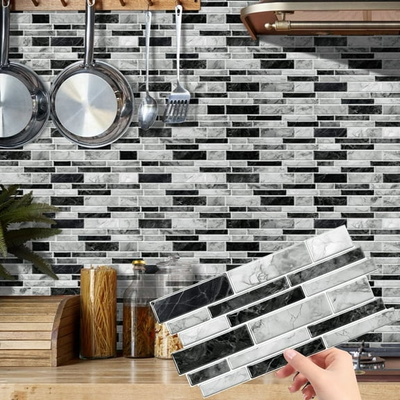 12 Sheets Tile Stickers Black Gray Marble Bricks DIY Decor Wall Decals Vinyl Peel and Stick for Kitchen Bathroom 9.68x4.72inch