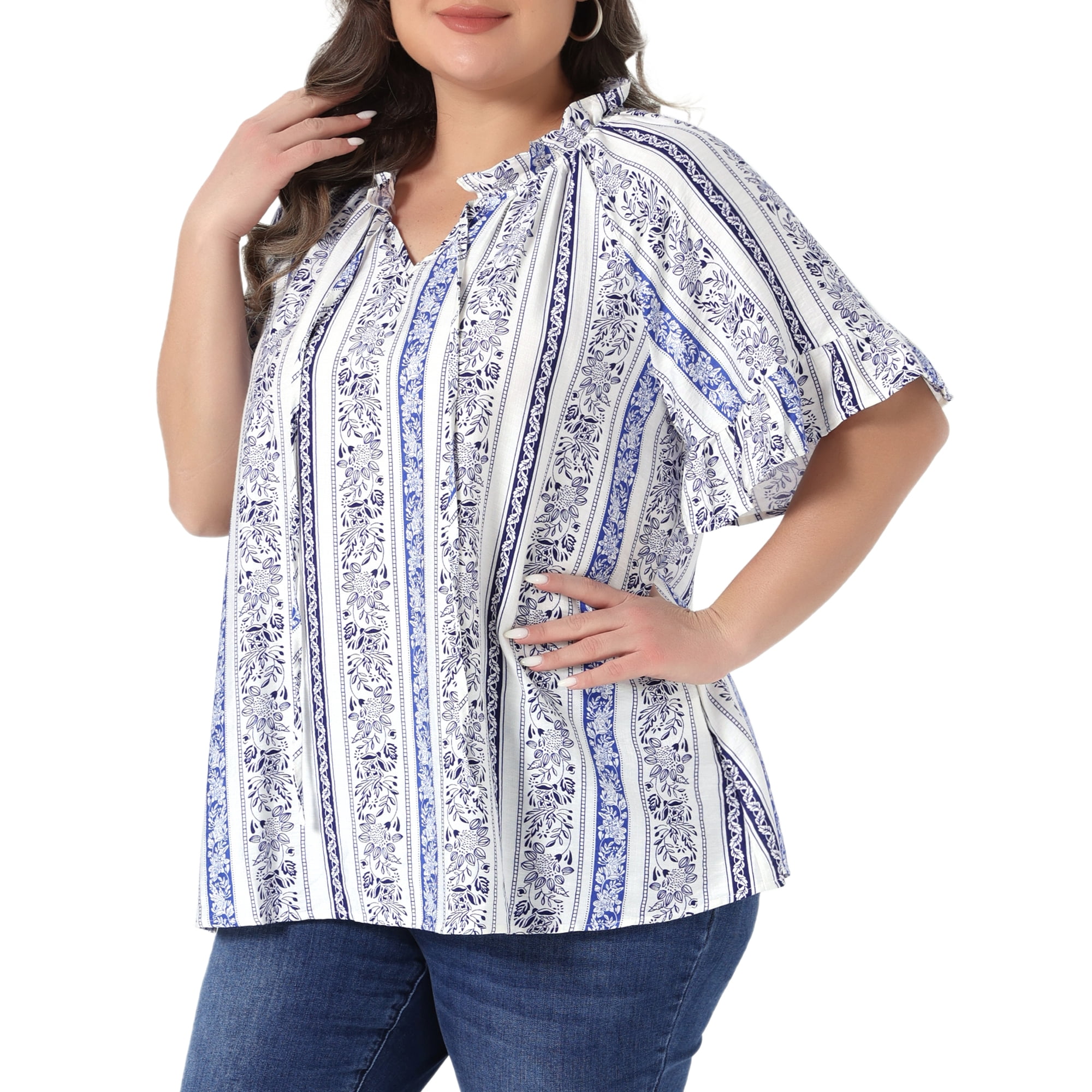 DARING DIVA Women's Plus V Neck Floral Print Summer Shirt Loose Fit Blouses 3X Blue