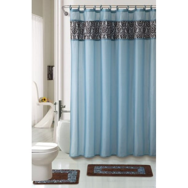 WPM Modern Blue Solid Fabric Shower Curtain Set 7 Pieces
