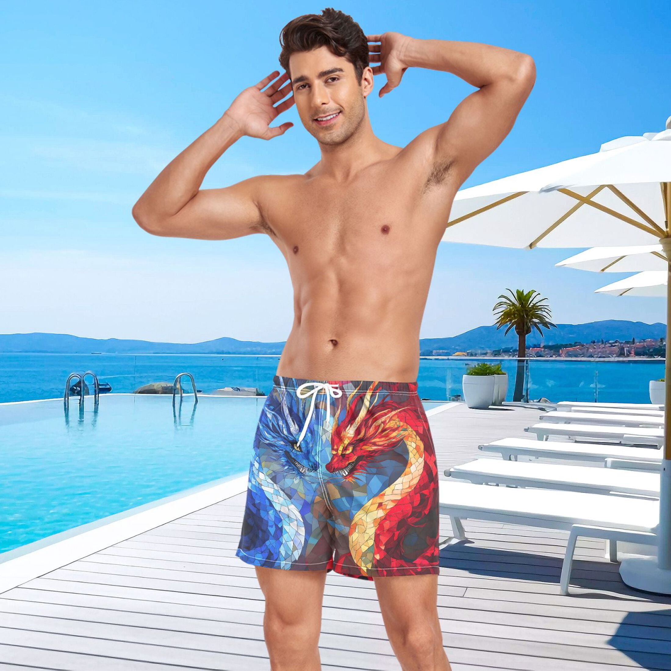 joogoo Men's Cool Art Dragons Swim Trunks with Liner Pocket Beach Shorts X-Large