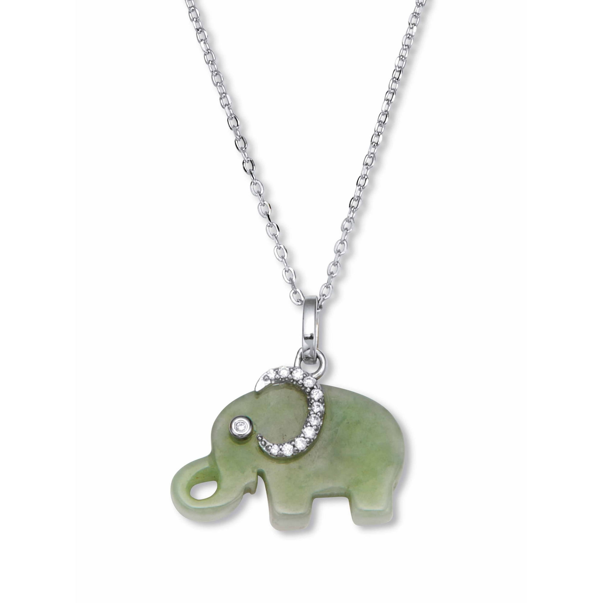 PalmBeach Jewelry Genuine Green Jade Silvertone Cubic Zirconia Elephant Pendant Necklace, 18 inch Chain