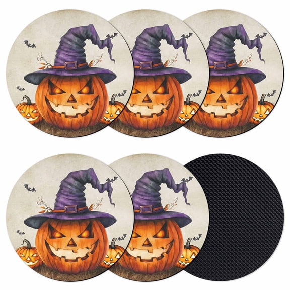 Halloween Coasters Set of 6, Absorbent Coasters for Drinks, Orange Fall Pumpkin Witch Hat Bat Beige Coaster for Desk Coffee Table Protection, Home Decor House Warming Gifts 4"
