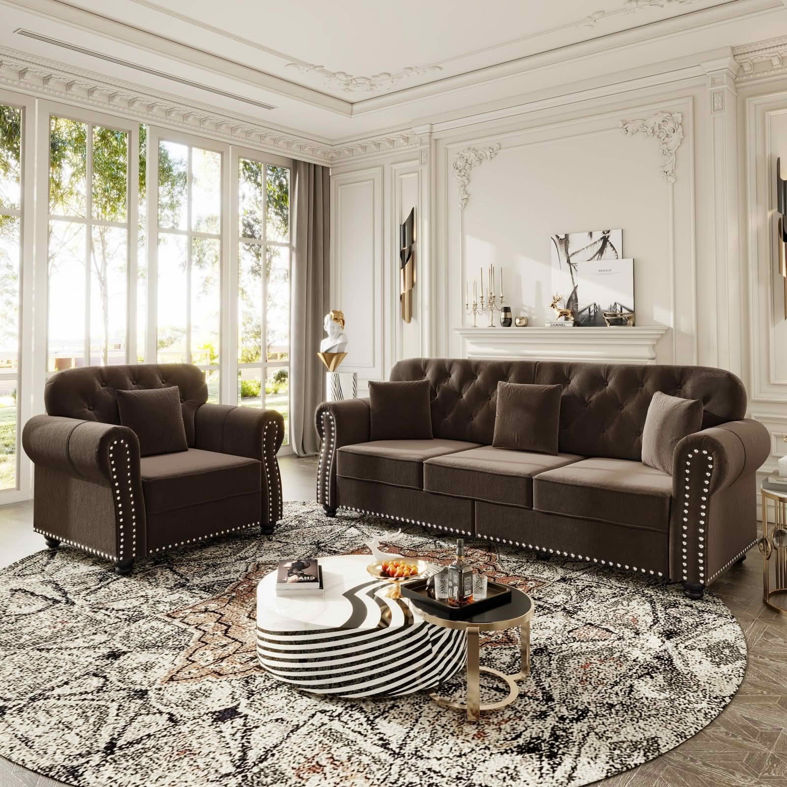 MAYEERTY Velvet Chesterfield 1&3‑Seat Sofa Set, Mid‑Century Modern Couches with Button Tufting, Nailhead Trim and Rolled Armrests, Comes with 1 Ottoman for Home Living Room