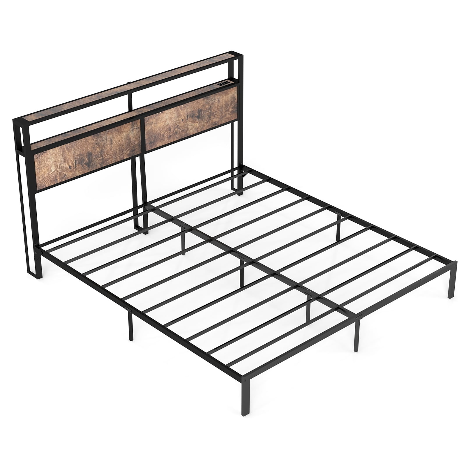 Leumius King Size Bed Frame with Headboard, Platform Bed with RGB LED Light & Charging Station & Under Bed Storage Space, Easy Assembly, Brown