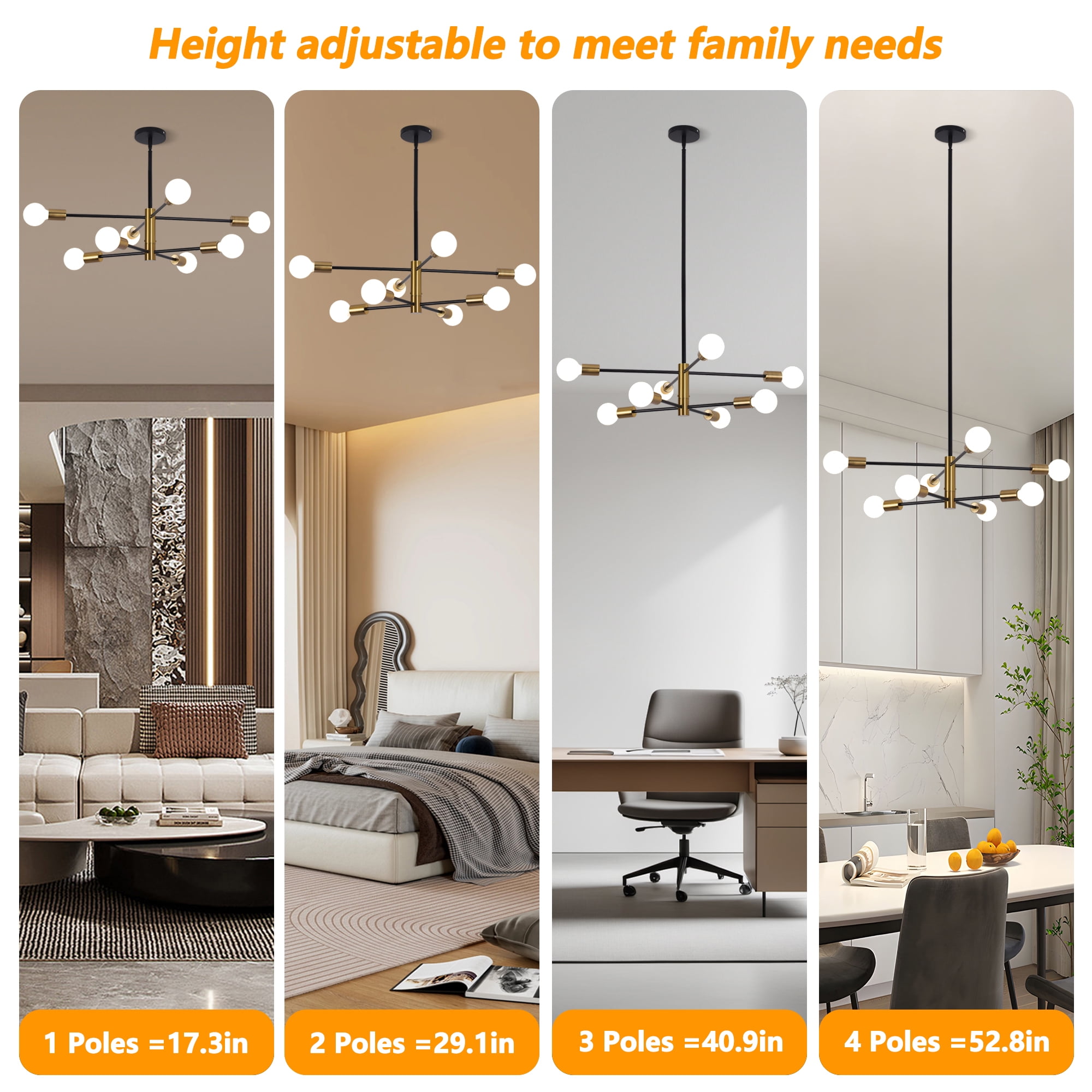 LISUNAR Chandelier,Sputnik ceiling light fixture,8 light modern chandelier,Black and Gold Mid Century Plating,Chandeliers for dining room,Height Adjustable for Living Room and Bedroom