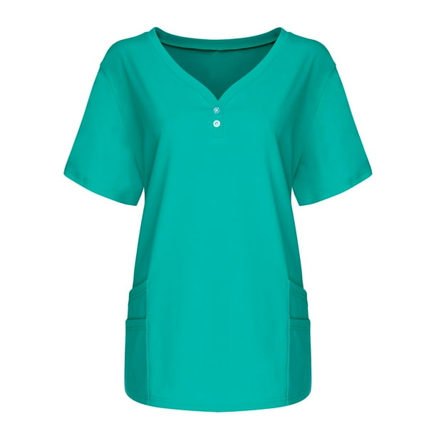 Camiseta Blusa Tops de Mujer Fiudx Manga Corta Cuello En V Color Sólido