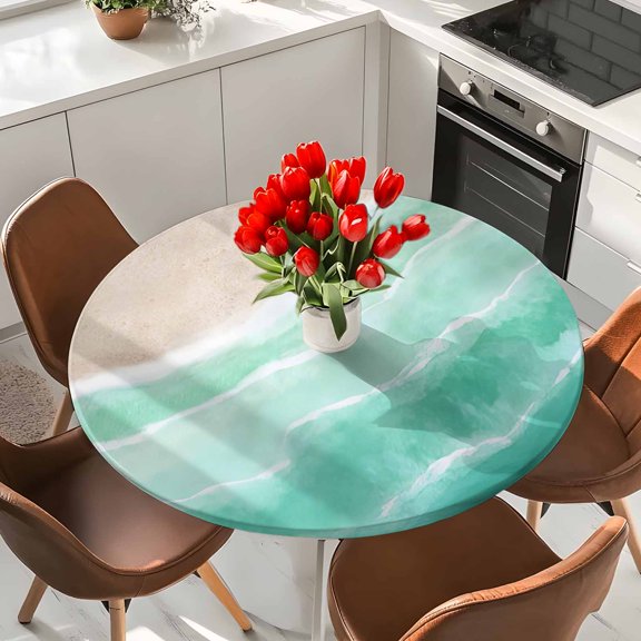 Beach Coastal Elastic Fitted Round Tablecloth Summer Ocean Blue Green Waves Watercolor Waterproof Outdoor Table Cover for Holiday Party, Picnic, Patio & Dining Fits Tables Up to 36"-44"