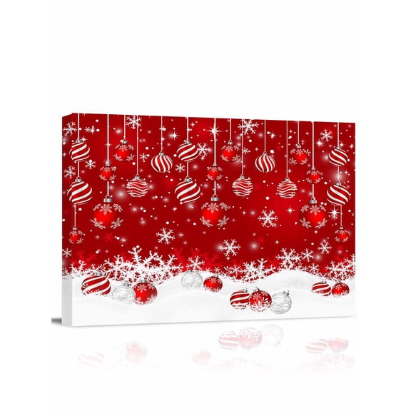 Red Christmas Balls Canvas Print Wall Art Winter Xmas Ball Snowflakes Scenery Pictures Painting Morden Artwork for Living Room Bedroom, Ready to Hang - 12"x16"