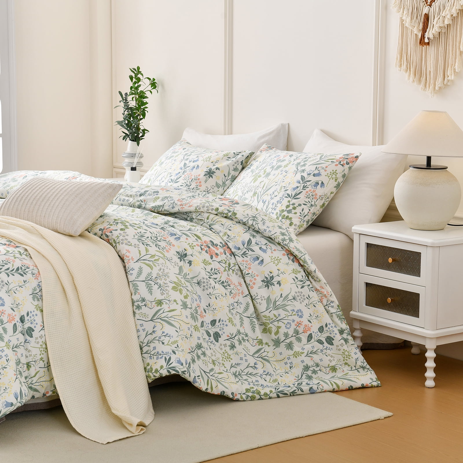 Move Over Floral Duvet Cover Set Queen 100% Cotton Green and Pink Floral Bedding Set 3 Pieces Soft and Breathable Green Branches Floral Comforter Cover Set No Filling