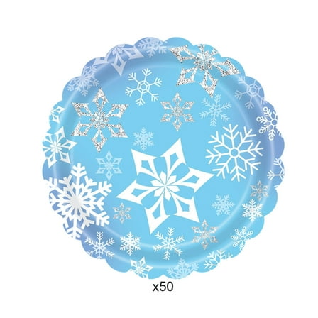Christmas Blue Dinner Plate Set - 50-Piece Disposable Holiday Tableware with Snowflake Designs, Party Supplies for Gatherings(7")