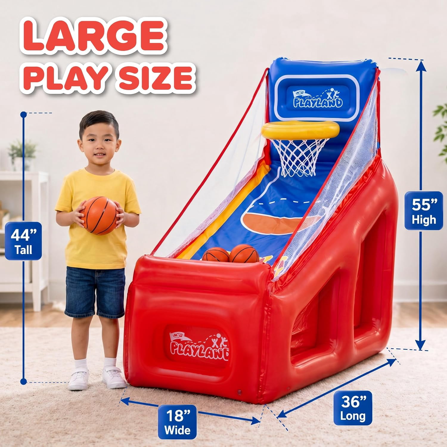 NSG PlayLand Shoot 'N' Score Inflatable Basketball Game for Kids Ages 3+ | Indoor & Outdoor Arcade Basketball Set with Hoop, 3 Balls & Pumps | Family Party Sports Toy