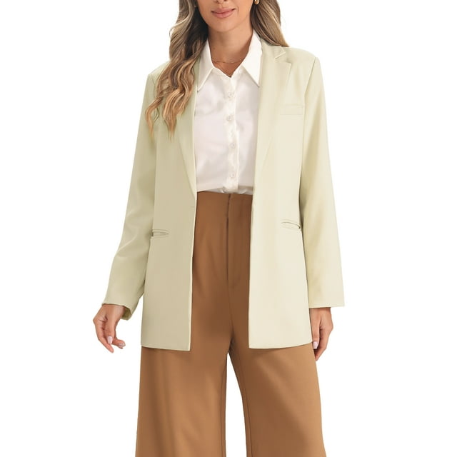 Blazers Casuales para Mujeres Chaquetas de Oficina de Manga Larga Abiertas con 3 Bolsillos Beige XS