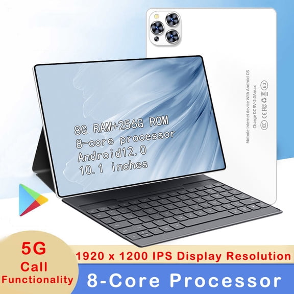 Tablet 2025 Newest Android 12 Tablet white, 10 Inch Tablet,5G Call Wi-Fi Tablet Computer,2 In 1 Tablet with Keyboard, 256GB ROM 8GB RAM ,Octa-Core Processor,1920 * 1200 IPS,Bluetooth,GPS