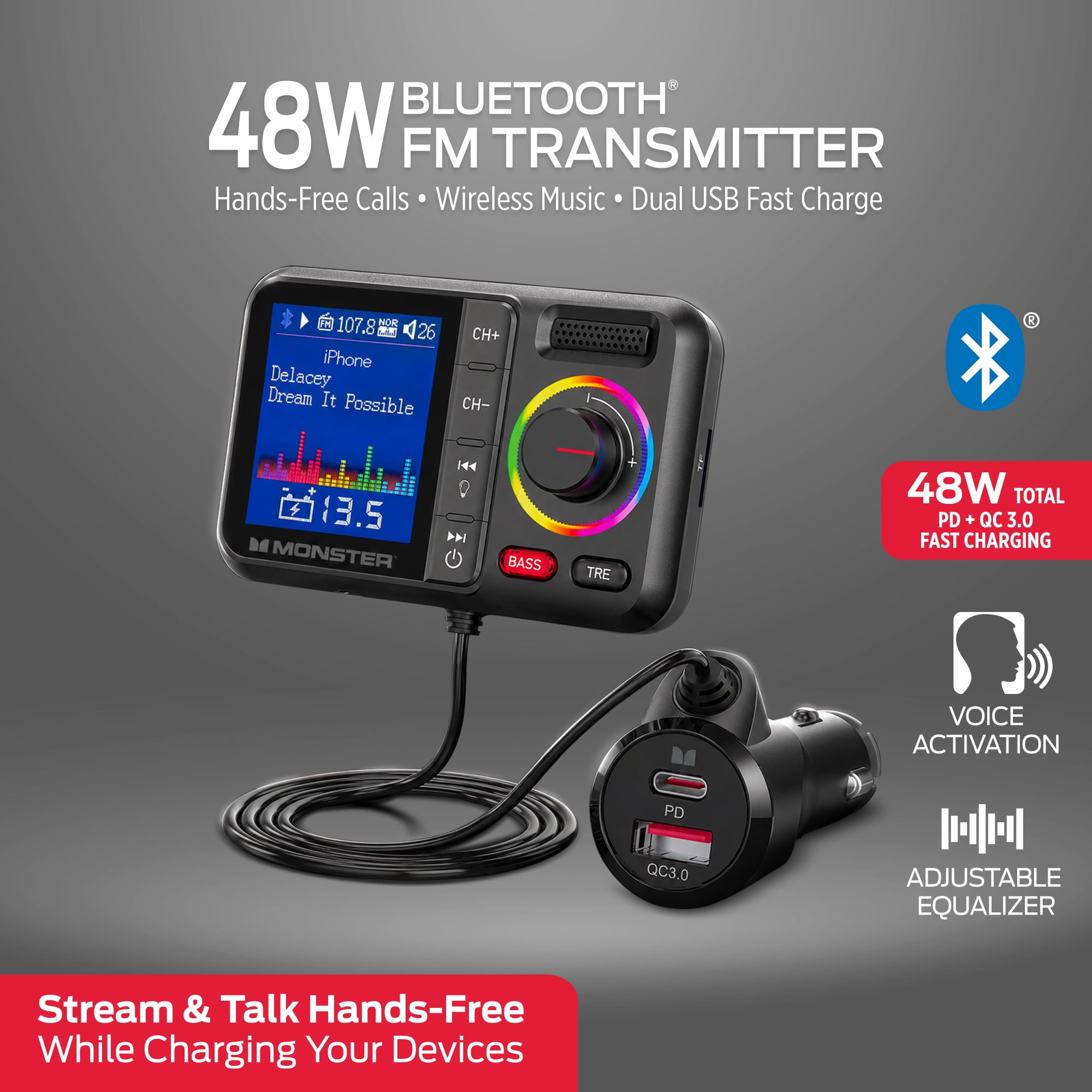 Monster Bluetooth FM Transmitter for Car, 48W Dual USB Fast Charger, PD 30W USB-C & QC 3.0 USB-A, Hands-Free Calling, Wireless Music, AUX USB MicroSD, Adjustable EQ, Vent Clip Mount