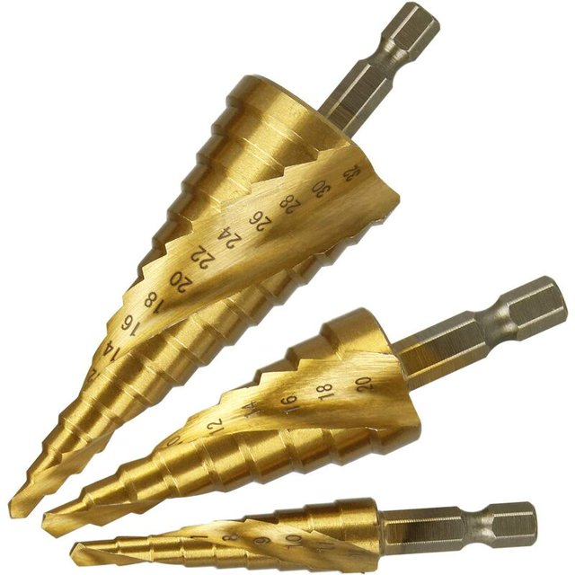 Juego de brocas paso a paso, ranurado en espiral, acero de alta velocidad recubierto de titanio, vástago hexagonal métrico de 4 mm a 12/20/32 mm, herramienta de corte HSS para bricolaje plástico, madera, metal, aluminio, cobre Kuyhfg Bienvenido a Kuyhfg
