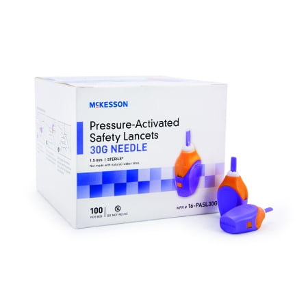 McKesson Safety Lancet Fixed Depth Lancet  Needle 1.5 mm Depth, 30 Gauge, Pressure Activated, Box of