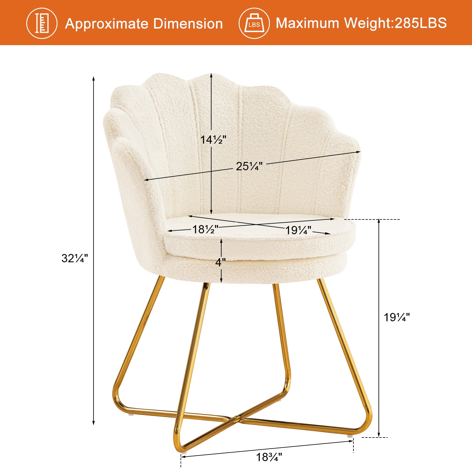 Furniliving Modern Sherpa Accent Chair Shell Back Makeup Chair Upholstered Arm Chair, White